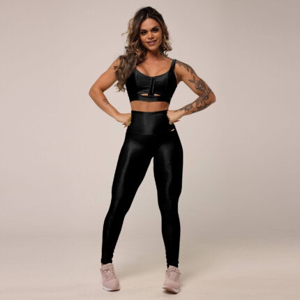 Conjunto Glossy Preto Moving Fitness Wear (Top+Legging)