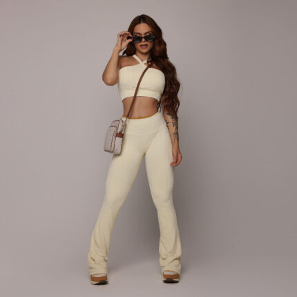 Conjunto Fitness Calça Flare E Top Tulipa Jacquard Savoir