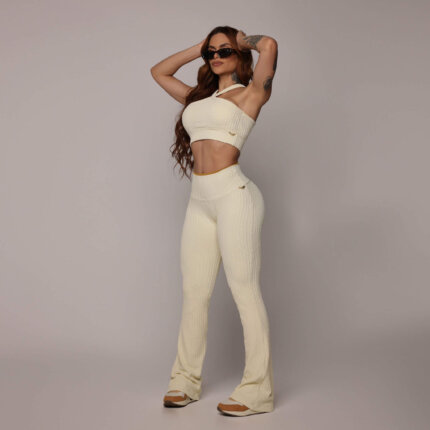 Calça Fitness Flare Jacquard Savoir Baunilha